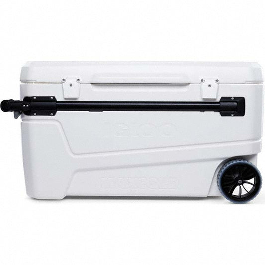 Igloo 50170 Portable Coolers Portable Cooler Type Ice Chest with Wheels  Body Color White  Volume Capacity 110 qt  Material Poly  Depth (Inch) 23-1/4  Special Item Information Telescoping Handle