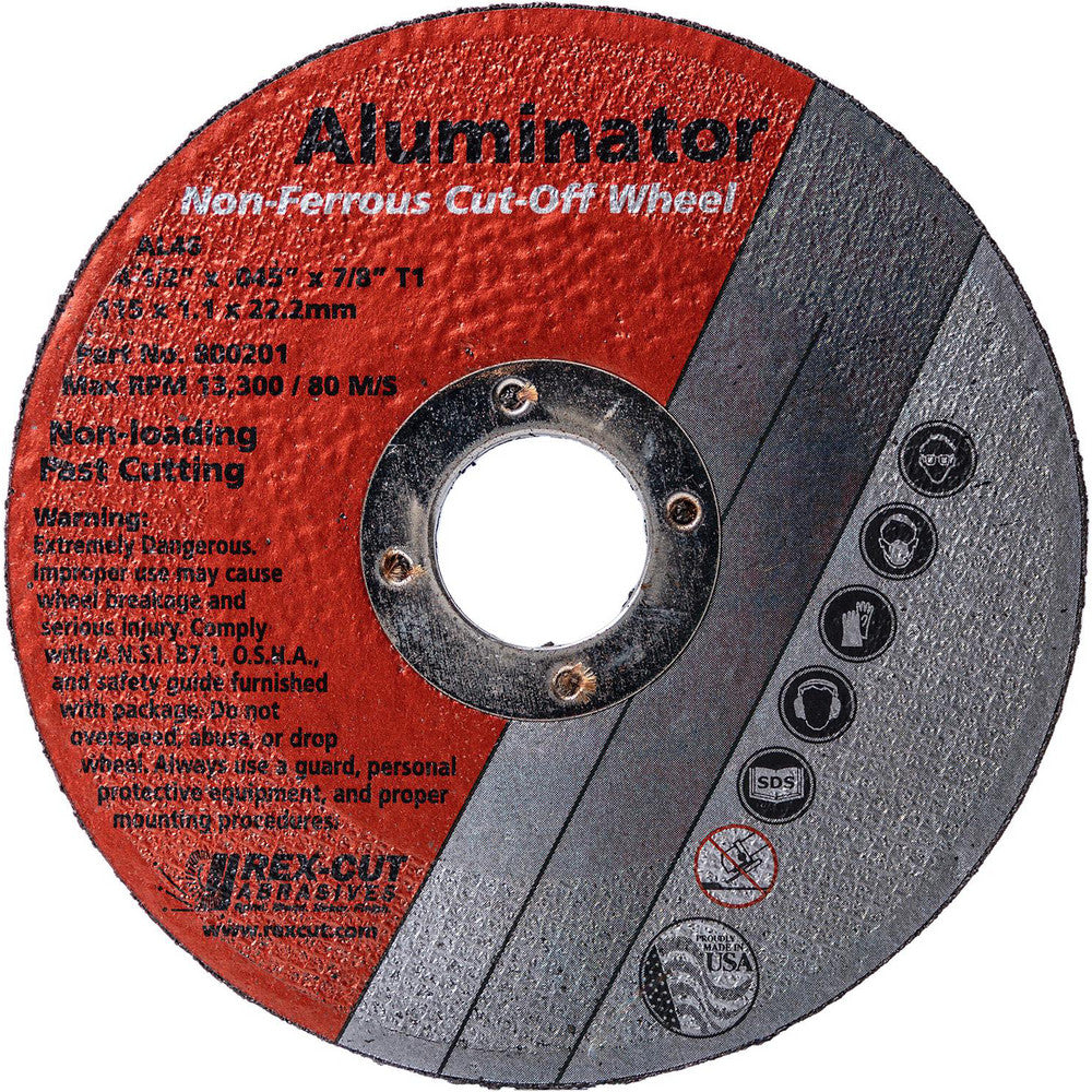 Rex Cut Abrasives 800201 Cut-Off Wheels Wheel Diameter (Inch) 4-1/2  Wheel Thickness (Decimal Inch) 0.0450  Hole Size (Inch) 7/8  Abrasive Material Aluminum Oxide  Reinforced Reinforced  Grit 46