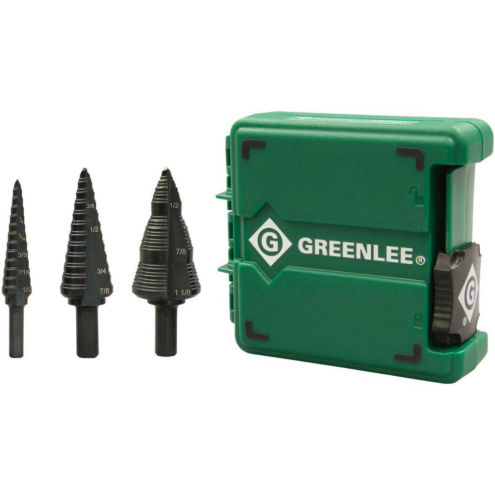 Greenlee GSBSET3 Drill Bit Set Step Drill Bits, 3 Pc, 0.5" to 1.125" Drill Bit Size, 130 &deg, Steel