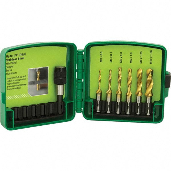 Greenlee DTAPSSKITM Combination Drill & Tap Sets Minimum Thread Size (Inch) M3x0.50 mm Minimum Thread Size (mm) M3x0.50 mm Minimum Thread Size M3x0.50 mm Maximum Thread Size (mm) 3/8-16 in M10x1.50 mm Maximum Thread Size (Inch) 3/8-16 Maximum Thread Size 3/8-16