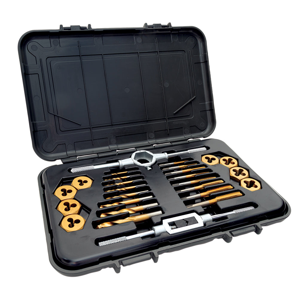 Mibro 301370BLUE Tap, Die & Drill Sets Minimum Tap & Die Thread Size (mm) 0.5 Maximum Tap & Die Thread Size (mm) 1.5 Minimum Drill Size (Decimal Inch) 0.0980 Minimum Drill Size (Inch) 0.098 in Die Shape Hex Adjustable Die No Tap Finish TiN Drill Finish TiN