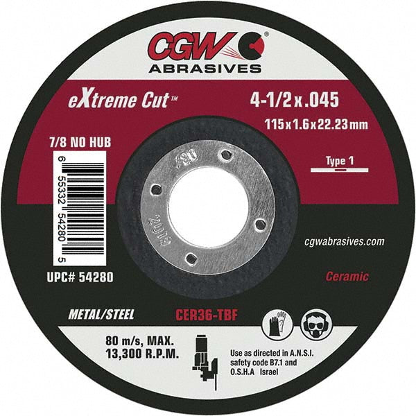 CGW Abrasives 54280 Cutoff Wheel Type 1, 4-1/2" Dia, 0.045" Thick, 7/8" Hole, Ceramic