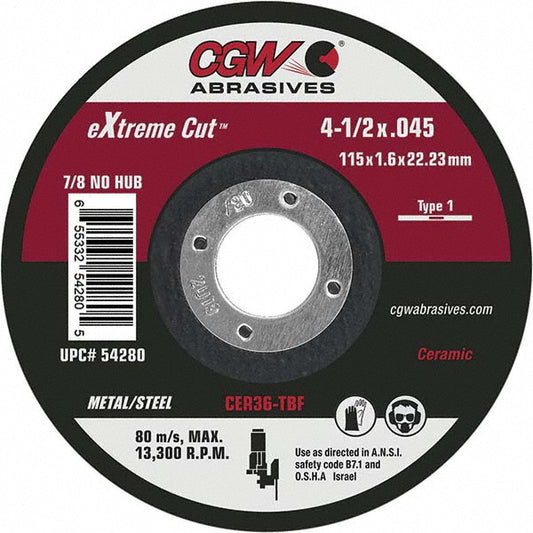 CGW Abrasives 54280 Cutoff Wheel Type 1, 4-1/2" Dia, 0.045" Thick, 7/8" Hole, Ceramic