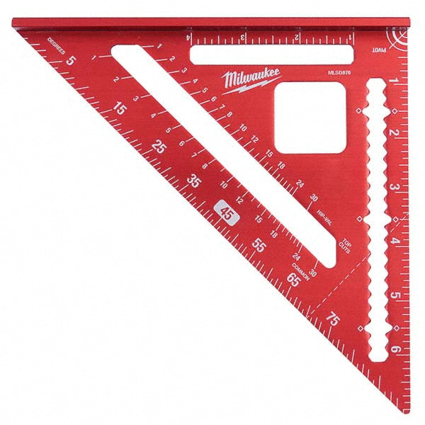 Milwaukee Tool MLSQ070 Rafter Squares Type Rafter Square  Blade Length (Inch) 7  Base Length (Inch) 7  Graduation (mm) 0 to 90° 0.1250 in  Graduation (Inch) 0 to 90° 0.1250 in 1/8  Graduation (Degrees) 0 to 90° 0.1250 in 0 to 90
