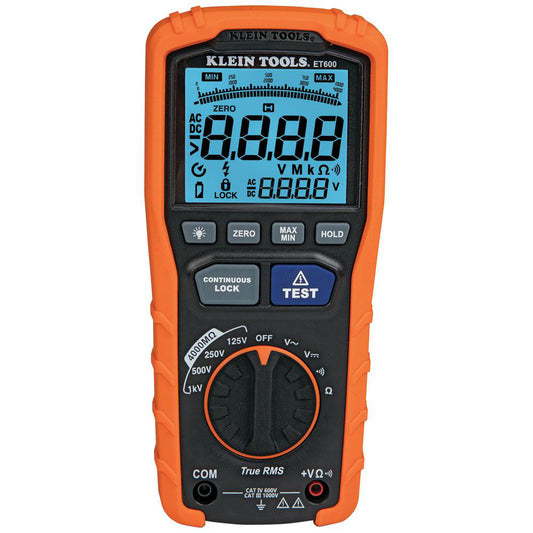 Klein Tools ET600 Megohmmeters Display Type LCD  Power Supply AA Batteries  Resistance Capacity (Megohm) 4000  Maximum Test Voltage 1000  Overall Length 7.93  Overall Height 2.32in