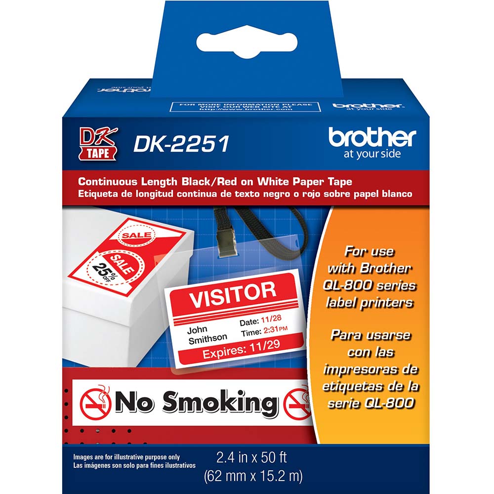 Brother DK2251 Label Tape Ribbon 50' Long, Black, Red & White, Paper