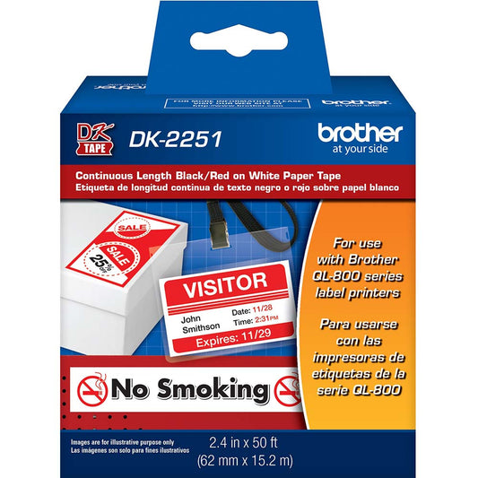Brother DK2251 Label Tape Ribbon 50' Long, Black, Red & White, Paper