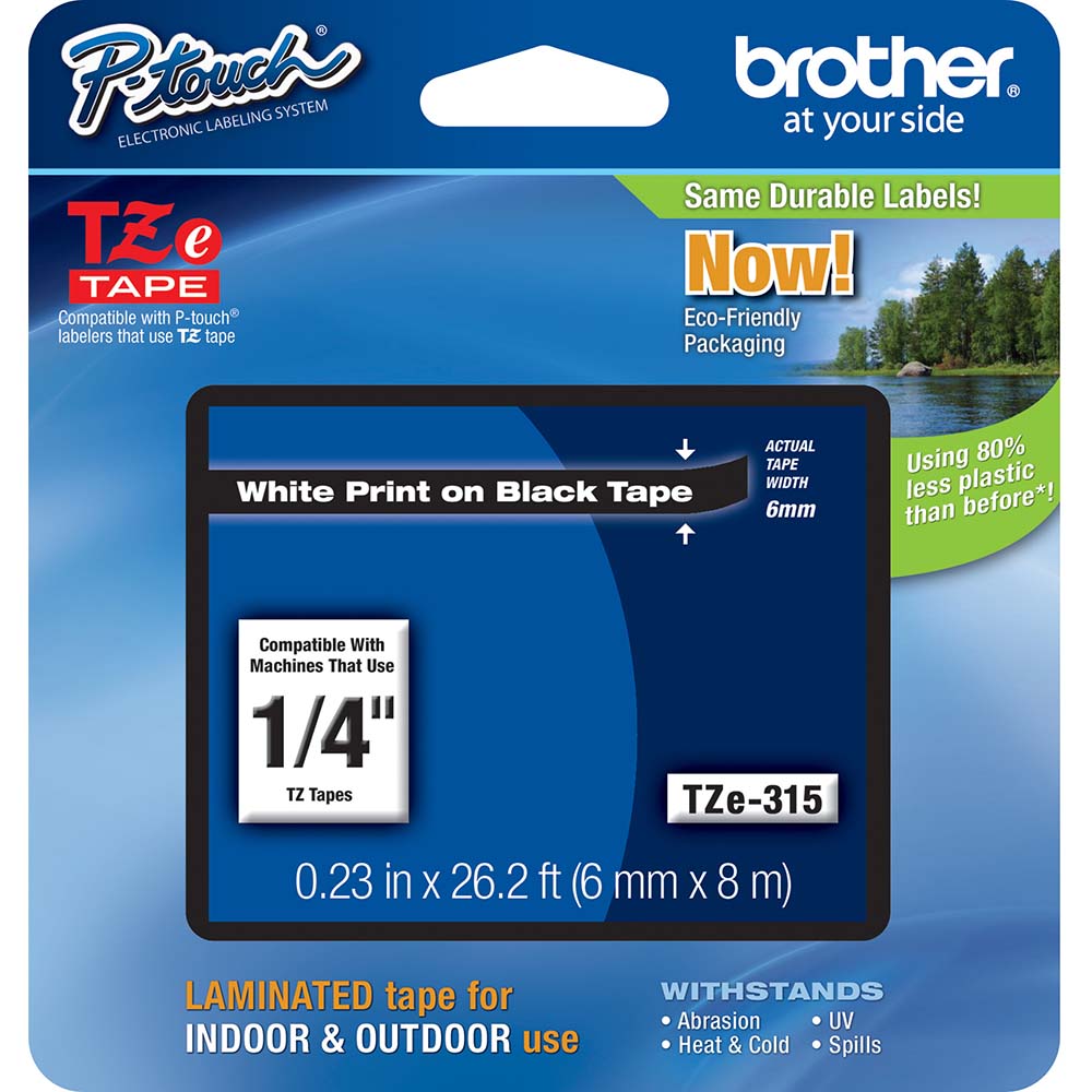 Brother TZE315G Label Tape Ribbon 26.2' Long, White & Black, Polyester