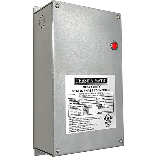 Phase-A-Matic UL-600HD Static Phase converter. Single phase to 3 phase. Horse power range 3HP to  5HP HEAVY DUTY