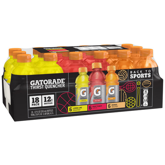 Gatorade 12324 Activity & Sport Drinks Drink Type Activity Drink  Form Liquid  Container Yields (oz.) 12.00  Flavor Lemon-Lime Orange Fruit Punch  Drink Content Features Hydration Electrolytes Single Serve  Container Type Bottle
