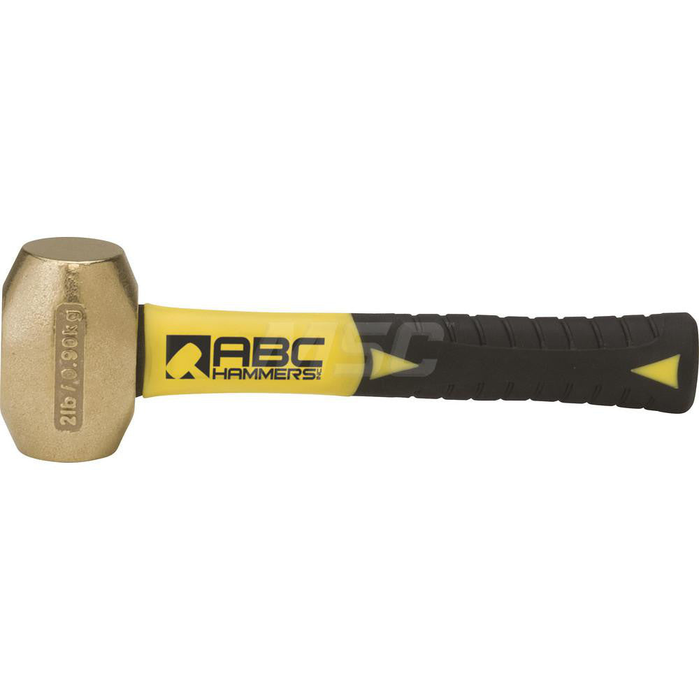 ABC Hammers ABC2BFS 2 lb Brass Drilling Hammer, Non-Sparking, Non-Marring 1-1/2" Face Dia, 3" Head Length, 9-1/2" OAL, 8" Fiberglass Handle, Double Faced