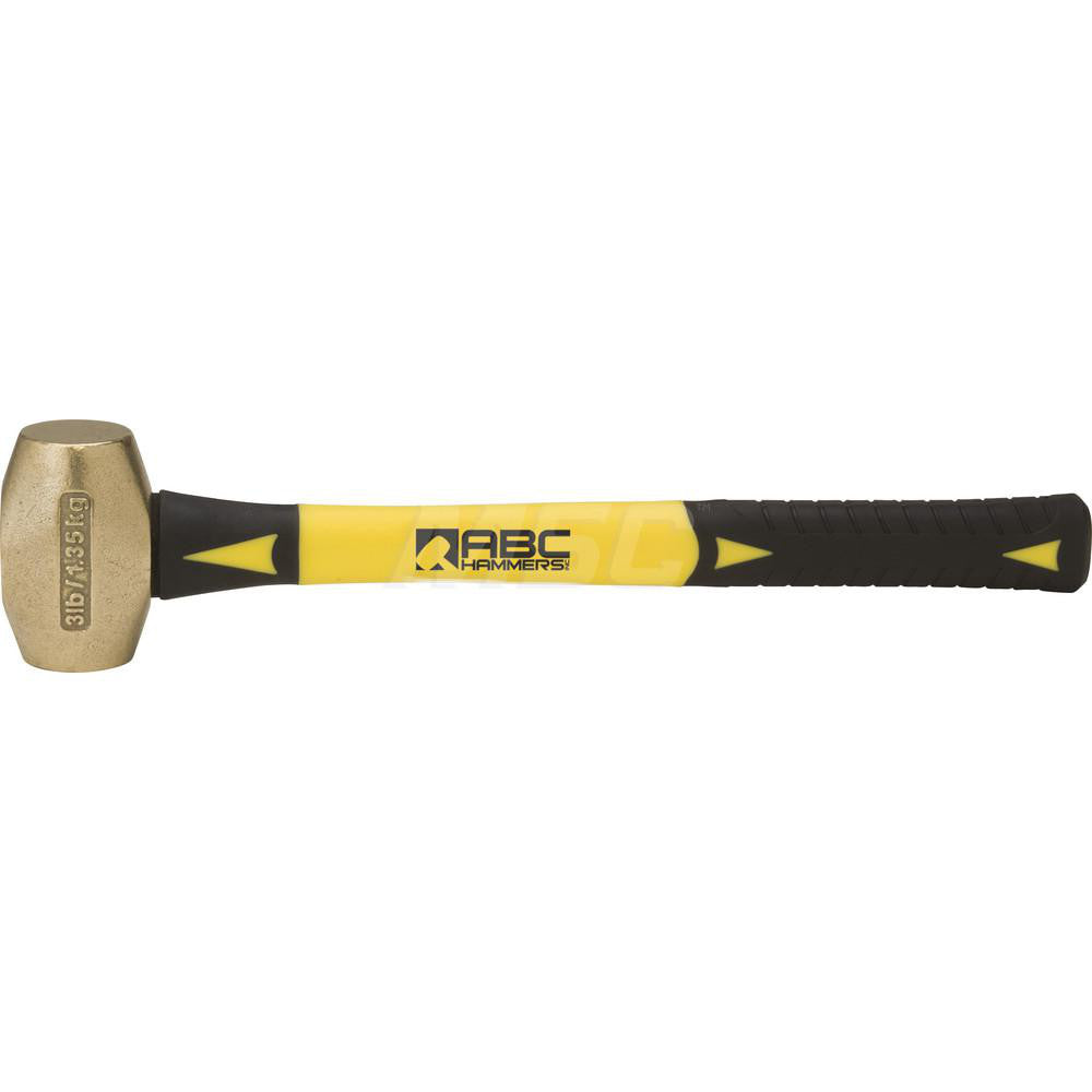 ABC Hammers ABC3BF 3 lb Brass Striking Hammer, Non-Sparking, Non-Marring 1-5/8™ Face Diam, 3-1/2™ Head Length, 16™ OAL, 14™ Fiberglass Handle, Double Faced