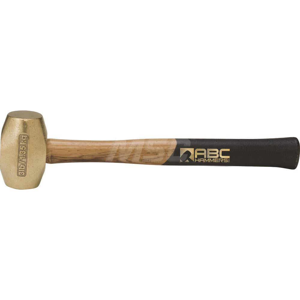 ABC Hammers ABC3BW 3 lb Brass Striking Hammer, Non-Sparking, Non-Marring 1-5/8™ Face Diam, 3-1/2™ Head Length, 14-1/2 ™ OAL, 12-1/2™ Wood Handle, Double Faced