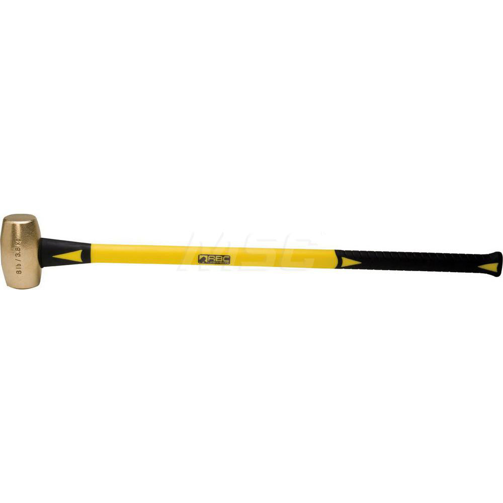 ABC Hammers ABC8BF 8 lb Brass Sledge Hammer, Non-Sparking, Non-Marring, 2-3/8" Face Diam, 5" Head Length, 36" OAL, 33" Fiberglass Handle, Double Faced