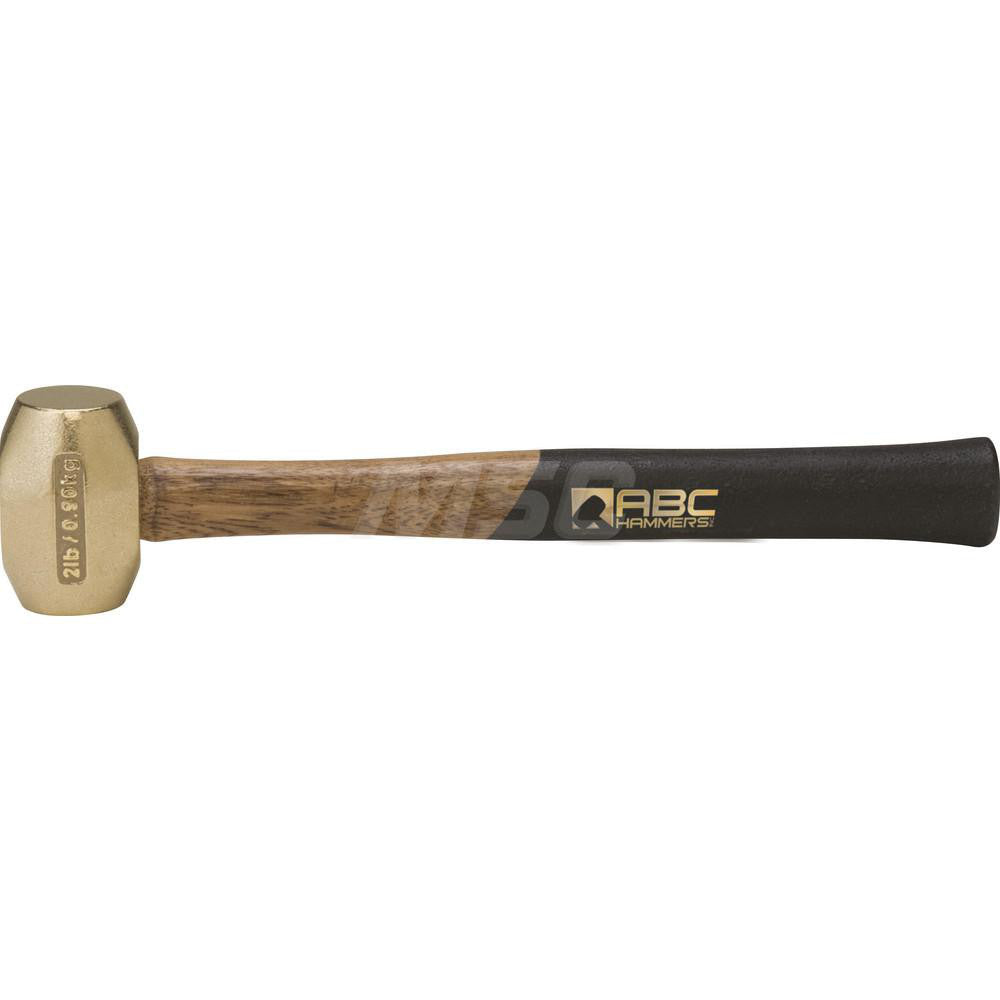 ABC Hammers ABC2BW 2 lb Brass Striking Hammer, Non-Sparking, Non-Marring 1-1/2" Face Diam, 3" Head Length, 14" OAL, 12-1/2" Wood Handle, Double Faced