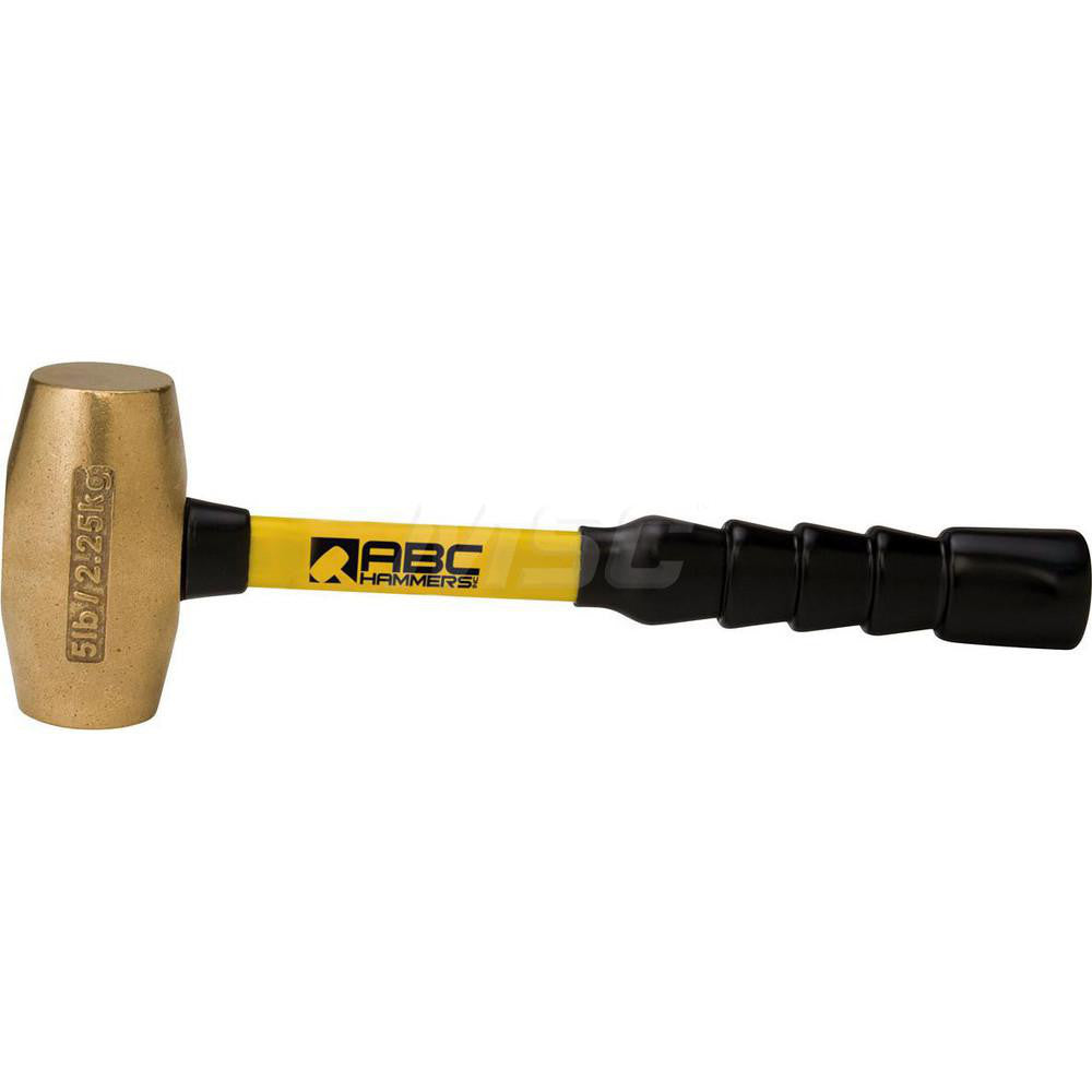 ABC Hammers ABC5BFB 5 lb Brass Striking Hammer, Non-Sparking, Non-Marring 1-7/8™ Face Diam, 4-3/4™ Head Length, 14™ OAL, 12™ Fiberglass Handle, Double Faced
