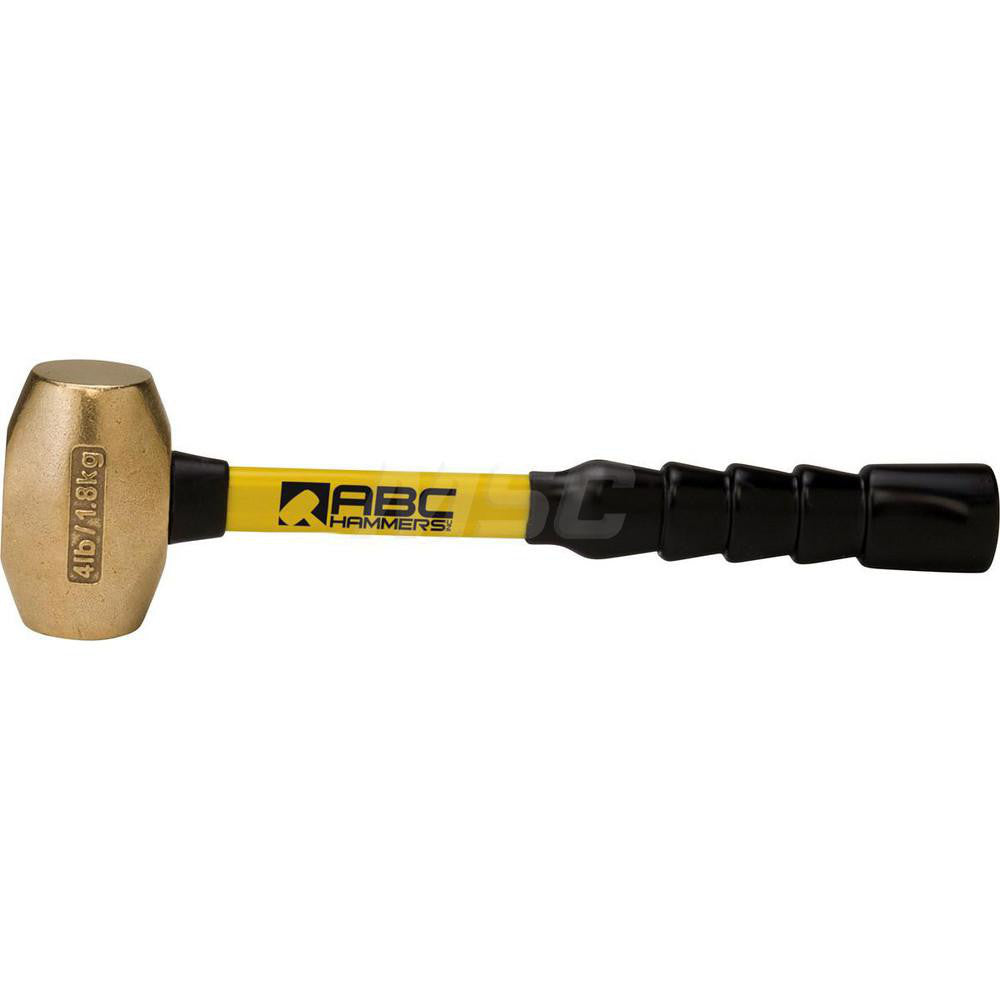 ABC Hammers ABC4BFB 4 lb Brass Striking Hammer, Non-Sparking, Non-Marring 1-3/4™ Face Diam, 3-3/4™ Head Length, 14™ OAL, 12™ Fiberglass Handle, Double Faced