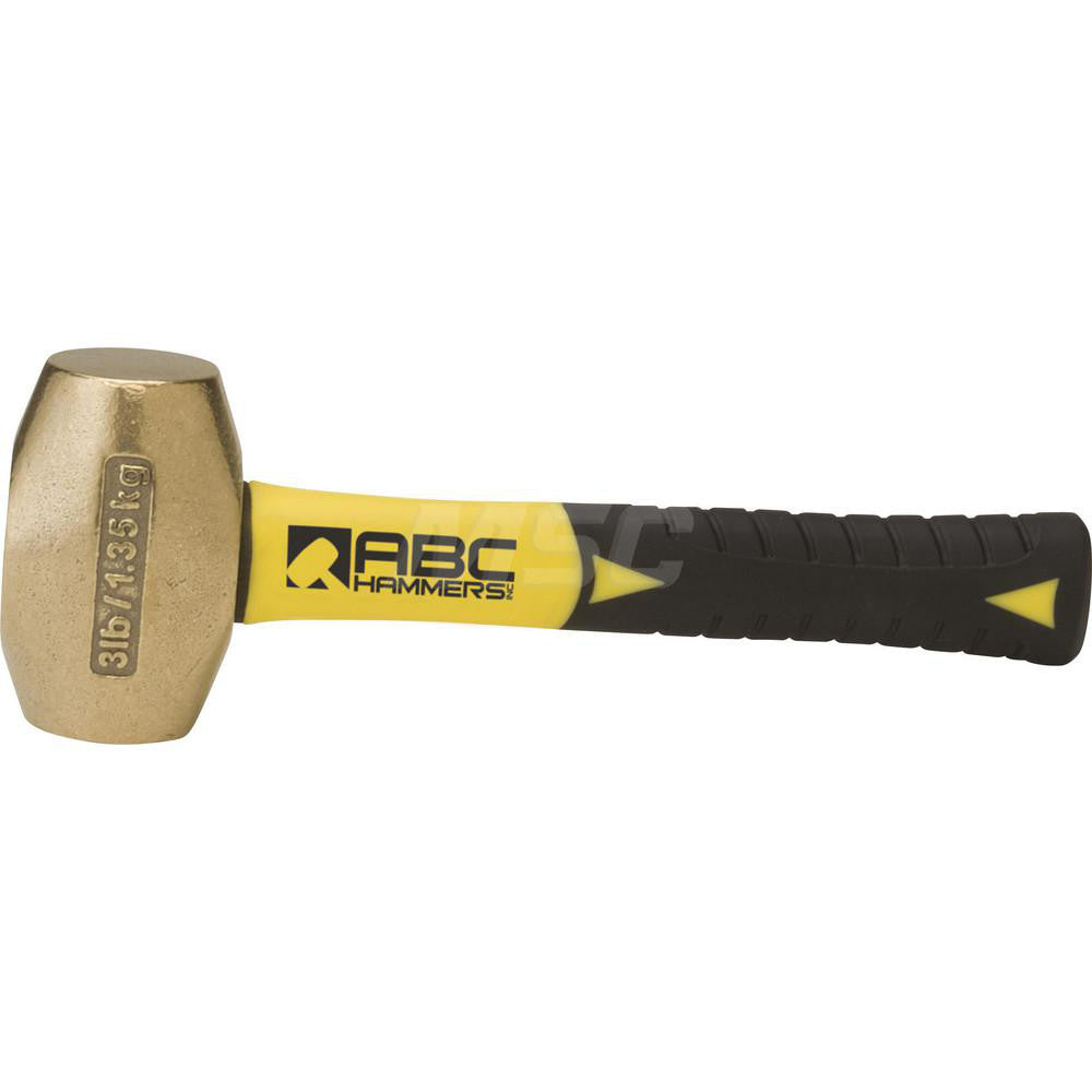 ABC Hammers ABC3BFS 3 lb Brass Drilling Hammer, Non-Sparking, Non-Marring 1-5/8™ Face Diam, 3-1/2™ Head Length, 10™ OAL, 8™ Fiberglass Handle, Double Faced