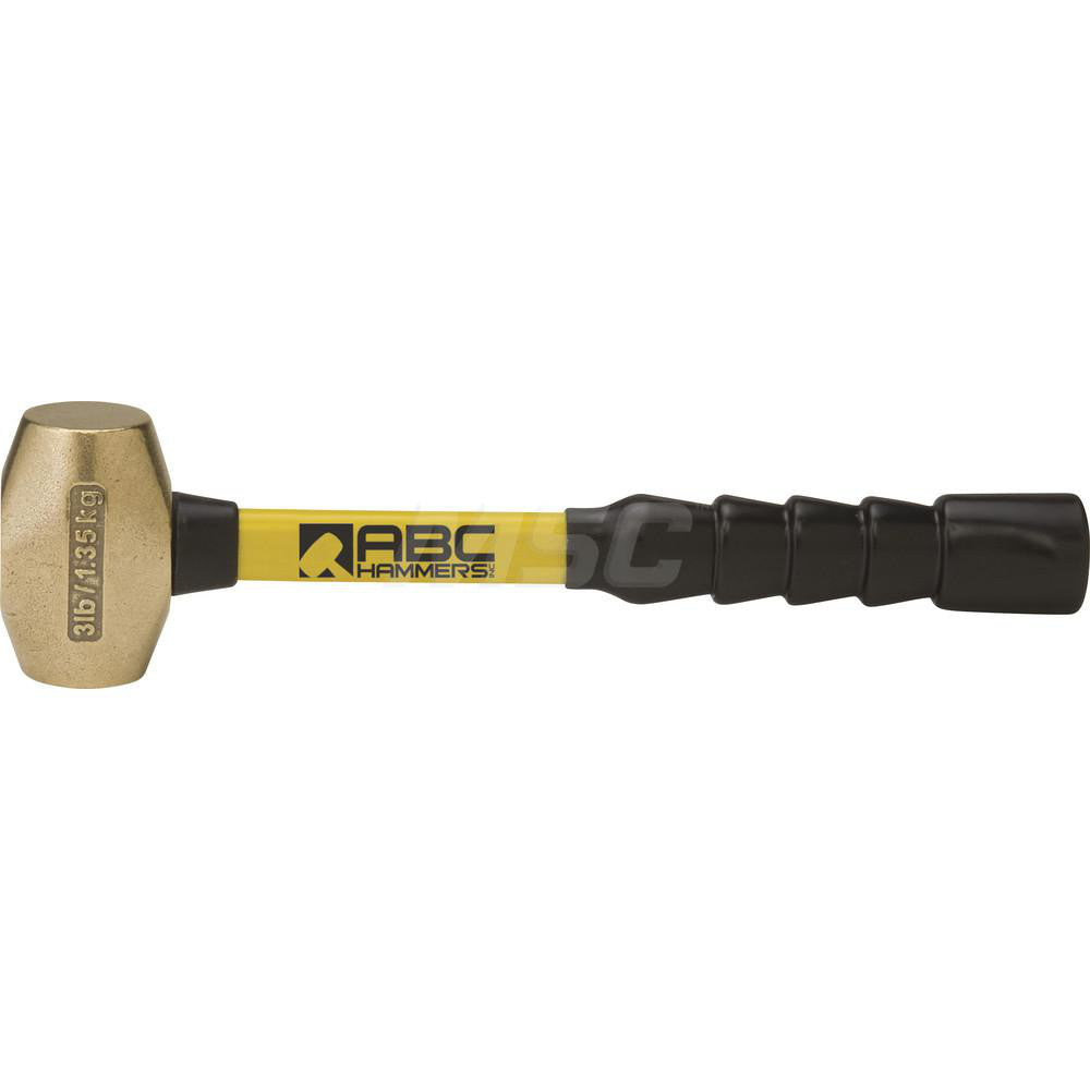 ABC Hammers ABC3BFB 3 lb Brass Striking Hammer, Non-Sparking, Non-Marring 1 5/8™ Face Diam, 3-1/2™ Head Length, 16™ OAL, 14™ Fiberglass Handle, Double Faced