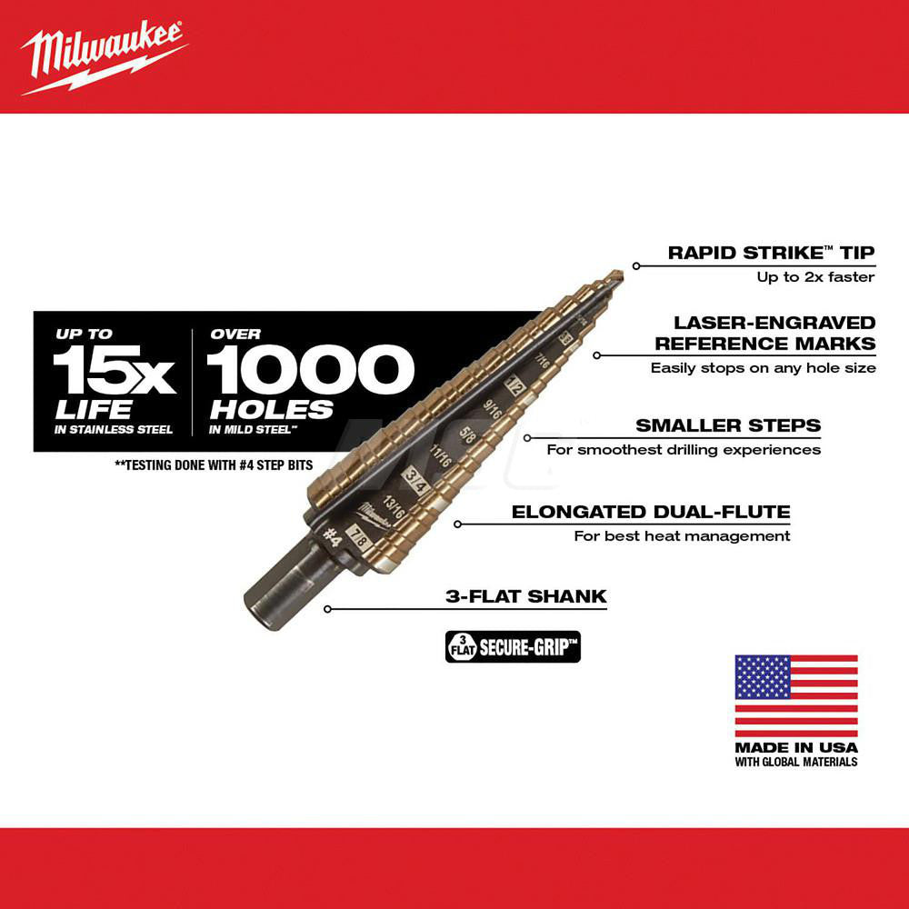 Milwaukee Tool 48-89-9284 Step Drill Bits 3/16" to 7/8" Hole Dia, 3/8" Shank Dia, Cobalt, 12 Hole Sizes