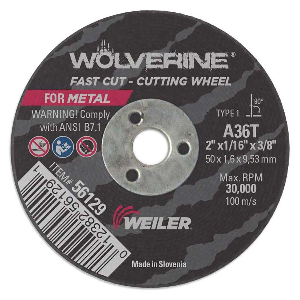 Weiler 56129 Cutoff Wheel Type 1 (01/41), 2" Dia, 1/16" Thick, 3/8" Hole, Aluminum Oxide