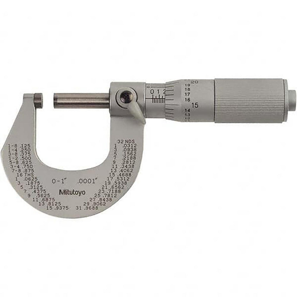 Mitutoyo 102-329-10CAL Mechanical Outside Micrometers Graduation (Inch) 0.000100  Graduation 0.0001  Anvil Type Carbide  Thimble Type Friction  Calibrated Yes  Rotating Spindle Yes