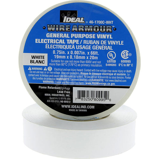 Ideal 46-1700C-WHT Vinyl Film Electrical Tape 3/4" Wide, 66' Long, 7 mil Thick, White