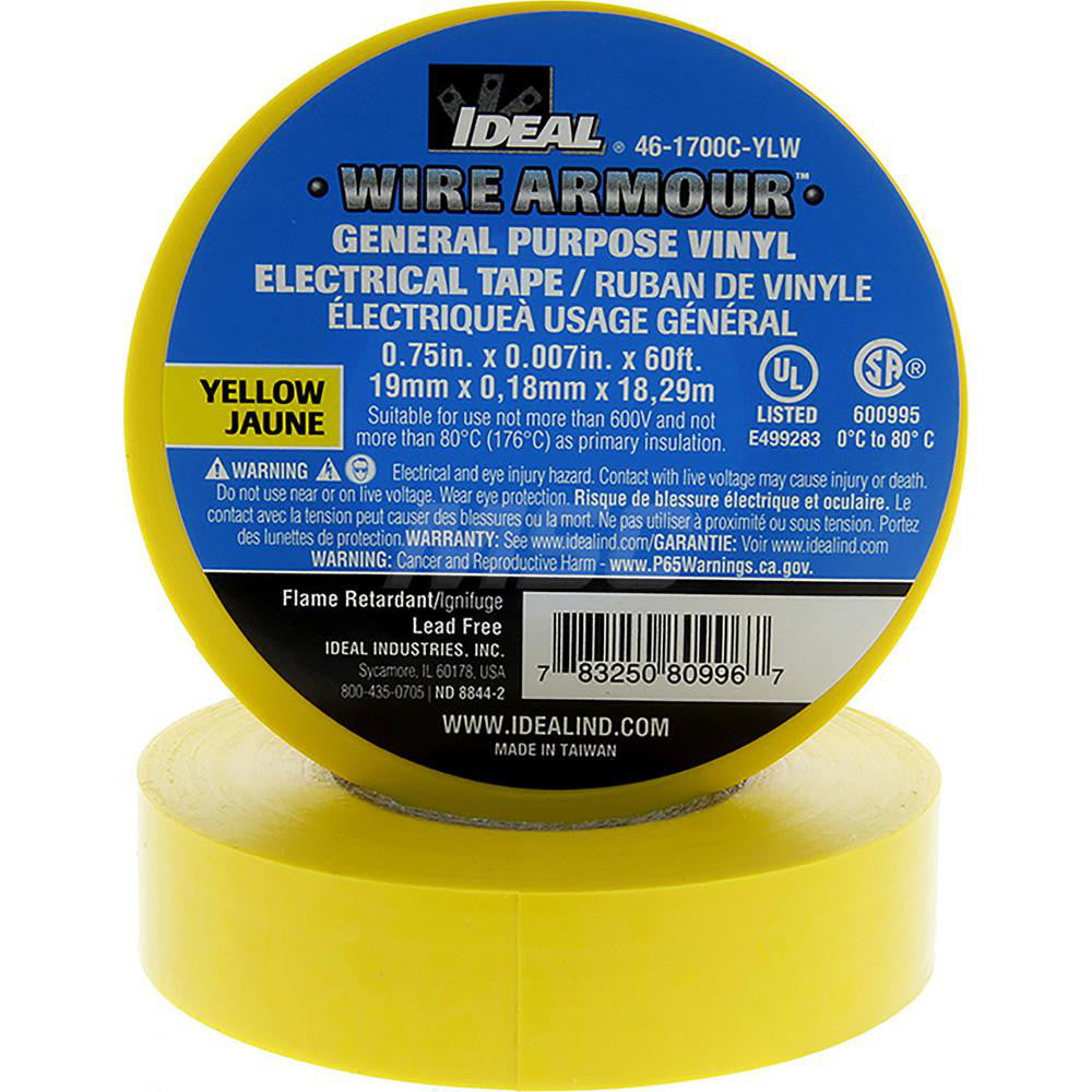Ideal 46-1700C-YLW Vinyl Film Electrical Tape 3/4" Wide, 66' Long, 7 mil Thick, Yellow