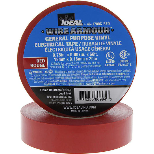 Ideal 46-1700C-RED Vinyl Film Electrical Tape 3/4" Wide, 66' Long, 7 mil Thick, Red
