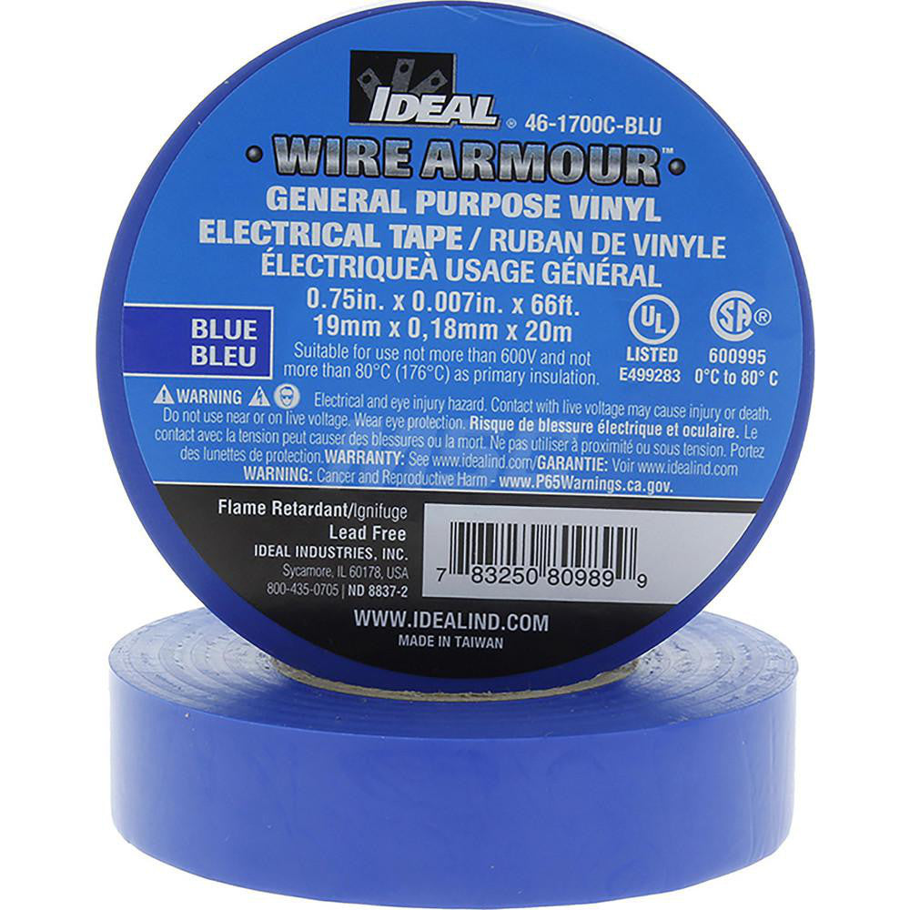 Ideal 46-1700C-BLU Vinyl Film Electrical Tape 3/4" Wide, 66' Long, 7 mil Thick, Blue