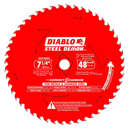 DIABLO D0748CFA Wet & Dry Cut Saw Blade 7-1/4" Dia, 5/8" Arbor Hole, 0.075" Kerf Width, 48 Teeth