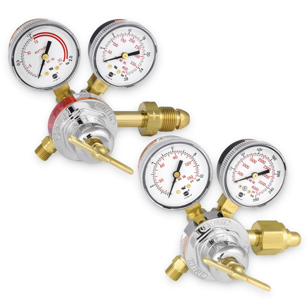 Smith/Miller HTP2 Welding Regulators Gas Type Oxygen Acetylene  Maximum Inlet Pressure (psi) 100  Maximum Outlet Pressure 3000 psi  CGA Inlet Connection 540 510  Fitting Type B Male Outlet (Left Hand) B Male Outlet (Right Hand)  