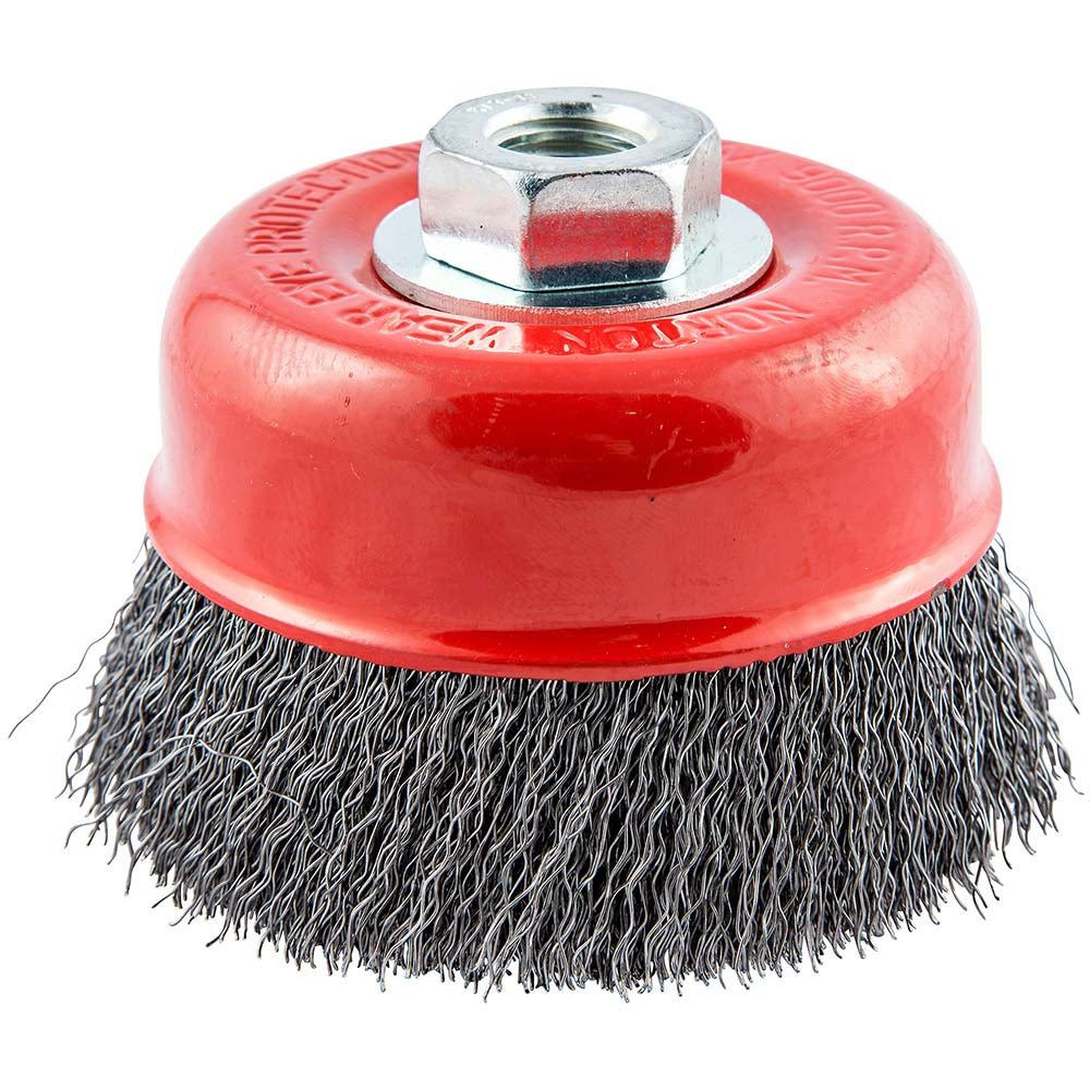Norton 66252839121 Cup Brush 4" Dia, 0.014" Wire Dia, Carbon Steel, Crimped