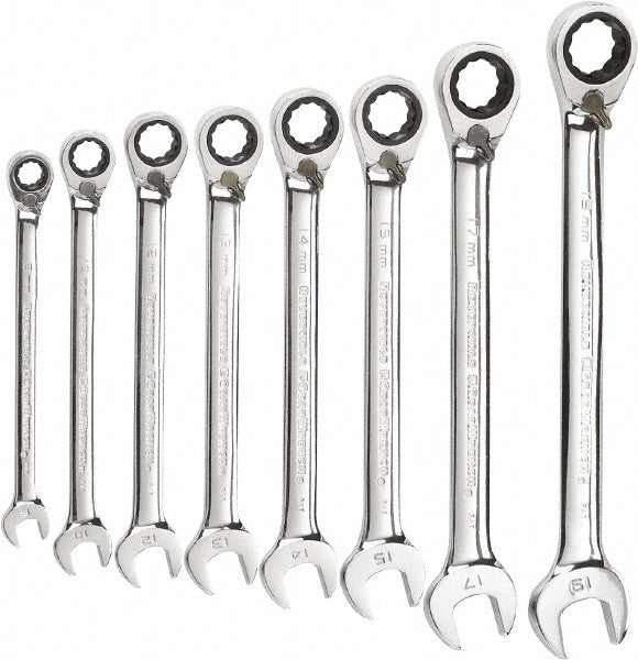 GEARWRENCH 9543 Reversible Ratcheting Combination Wrench Set 8 Pc, 10 mm 12 mm 13 mm 14 mm 15 mm 17 mm 19 mm & 8 mm Wrench, Metric