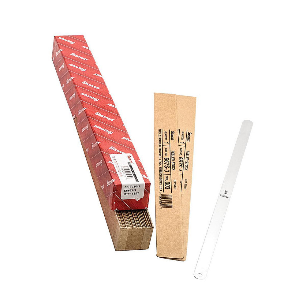 Starrett S667AS Feeler Gage Sets Maximum Thickness (mm) 0.0010 Minimum Thickness 0.0300 Minimum Thickness (mm) 0.0300 Leaf Width 0.5 in Number of Leaves 32 Material Stainless Steel Closed Length 12 in Closed Width 0.5 in Number Of Leaves 32 Leaf Length