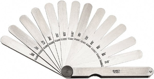 Starrett 467S Feeler Gage Sets Maximum Thickness (mm) 0.0015 Minimum Thickness 0.2000 Minimum Thickness (mm) 0.2000 Leaf Width 0.5 in Number of Leaves 13 Material Stainless Steel Number Of Leaves 13 Leaf Length (Inch) 4-1/2 Width (mm) 1/2 Width (Inch