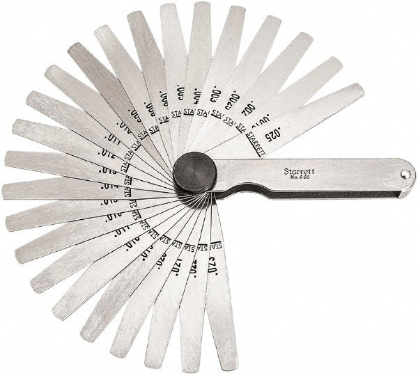 Starrett 66TS Feeler Gage Sets Maximum Thickness (mm) 0.0015 Minimum Thickness 0.0250 Minimum Thickness (mm) 0.0250 Number of Leaves 26 Material Stainless Steel Number Of Leaves 26 Leaf Length (Inch) 3-1/32 Width (mm) 1/2 Width (Inch) 1/2 Thicknesses