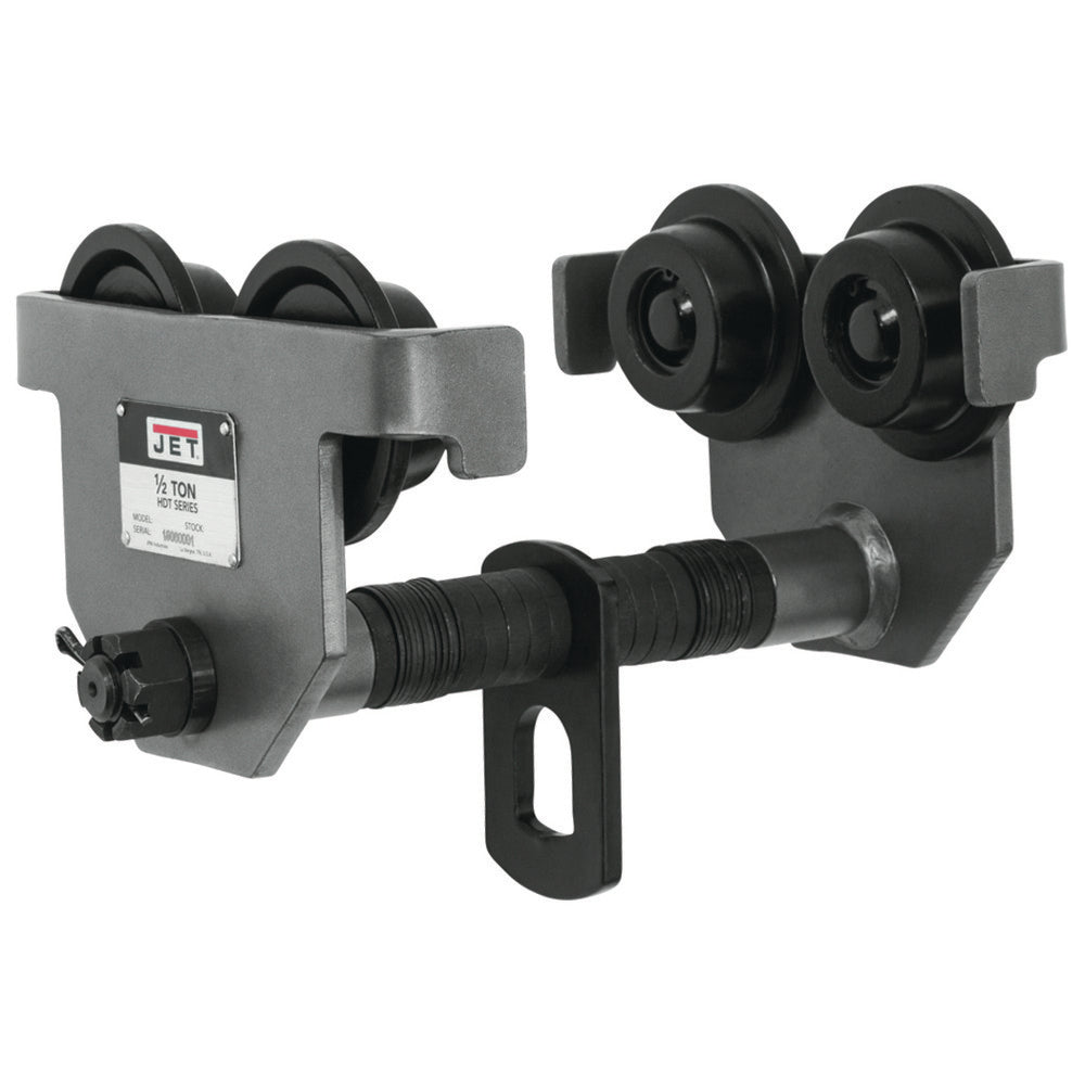 Jet 262005 Trolleys Flange Width (Inch) 2-1/2 - 8 Maximum I-beam Height 24.50 in Minimum I-beam Height 3 in Wheel Material Steel Standards ANSI/ASME B30.11 ANSI/ASME B30.17 Finish Powder Coated Includes Spacer Washer