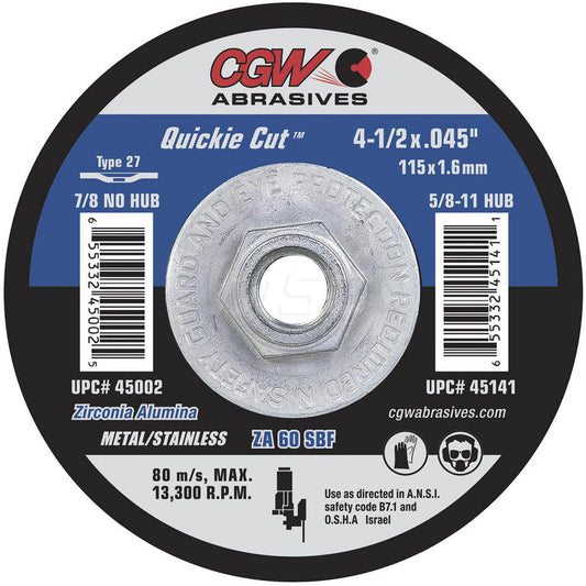 CGW Abrasives 45141 Depressed Center Wheel Type 27, 4-1/2" Dia, 0.045" Thick, Zirconia Alumina