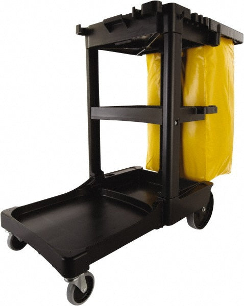 Rubbermaid FG617388BLA Rubbermaid Commercial Traditional Janitorial 3-Shelf Cleaning Cart, Wheeled with Zippered Yellow Vinyl Bag, Black, 38.4" x 21.8" x 46"