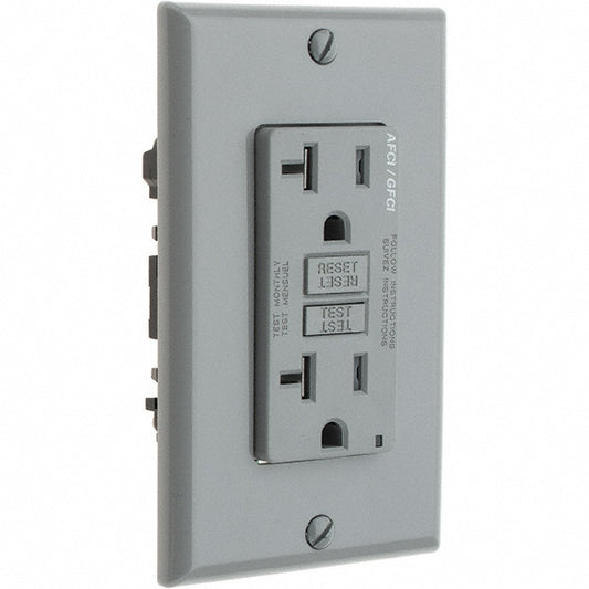 Leviton AGTR2-GY GFCI Receptacles Grade Commercial Color Gray NEMA Configuration 5-20R Amperage 20 Reset Type Manual Voltage 125 VAC Wiring Method Side Back Body Material Thermoplastic Flange Style No Flange Flange Included No Amperage 20 A Voltage