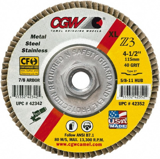 CGW Abrasives 53051 Flap Disc 5/8-11 Hole, 36 Grit, Zirconia Alumina, Type 27
