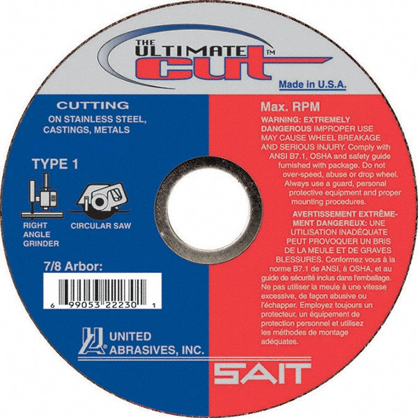 Sait 22240 Cutoff Wheel Type 1 (01/41), 6" Dia, 0.0450" Thick, 7/8" Hole, Aluminum Oxide