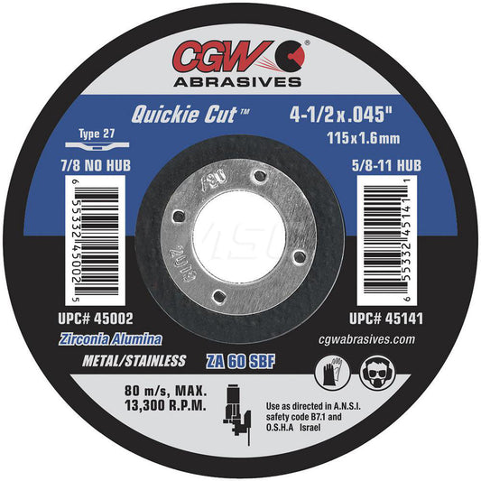 CGW Abrasives 45008 Depressed Center Wheel Type 27, 7" Dia, 0.045" Thick, Zirconia Alumina