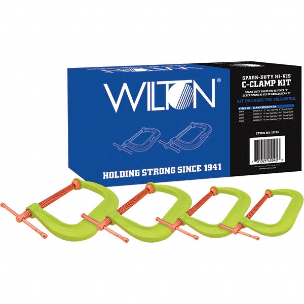 Wilton 11114 C-Clamp & Cantilever Clamp Sets Clamp Type Spark Duty C-Clamp Type Kit Application Strength Regular-Duty Number of Pieces 4 Maximum Opening Capacity 8 in Throat Depth Style Extra Deep Throat Includes Set of 4 Clamps Minimum Opening Capacity