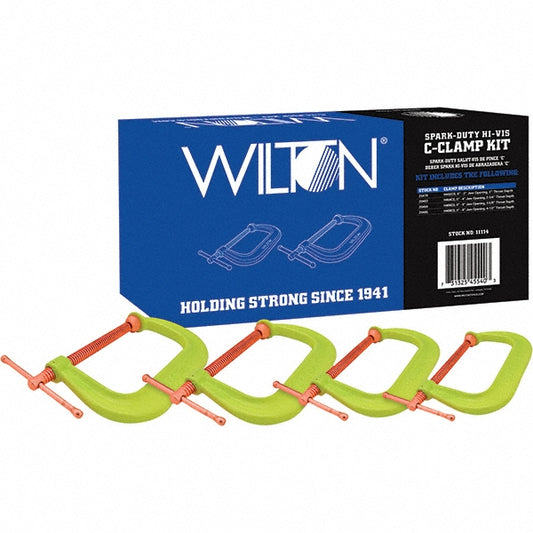 Wilton 11114 C-Clamp & Cantilever Clamp Sets Clamp Type Spark Duty C-Clamp Type Kit Application Strength Regular-Duty Number of Pieces 4 Maximum Opening Capacity 8 in Throat Depth Style Extra Deep Throat Includes Set of 4 Clamps Minimum Opening Capacity