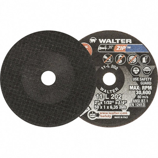 WALTER Surface Technologies 11L202 Cut-Off Wheel Type 1, 2" Dia, 1/32" Thick, 1/4" Hole, Aluminum Oxide