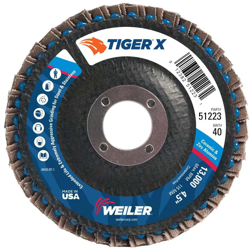 Weiler 51223 Flap Disc  4-1/2" Dia, 7/8" Hole, 40 Grit, Ceramic Zirconia Alumina Blend, Type 27