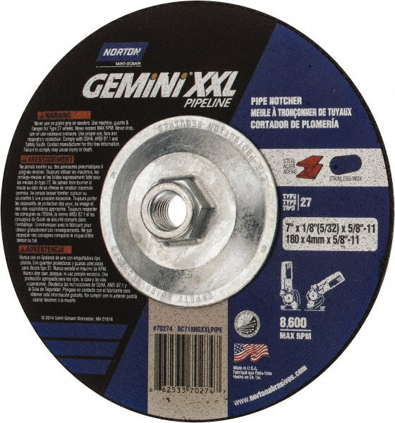 Norton 66253370274 Depressed Center Wheel Type 27, 7" Dia, Aluminum Oxide