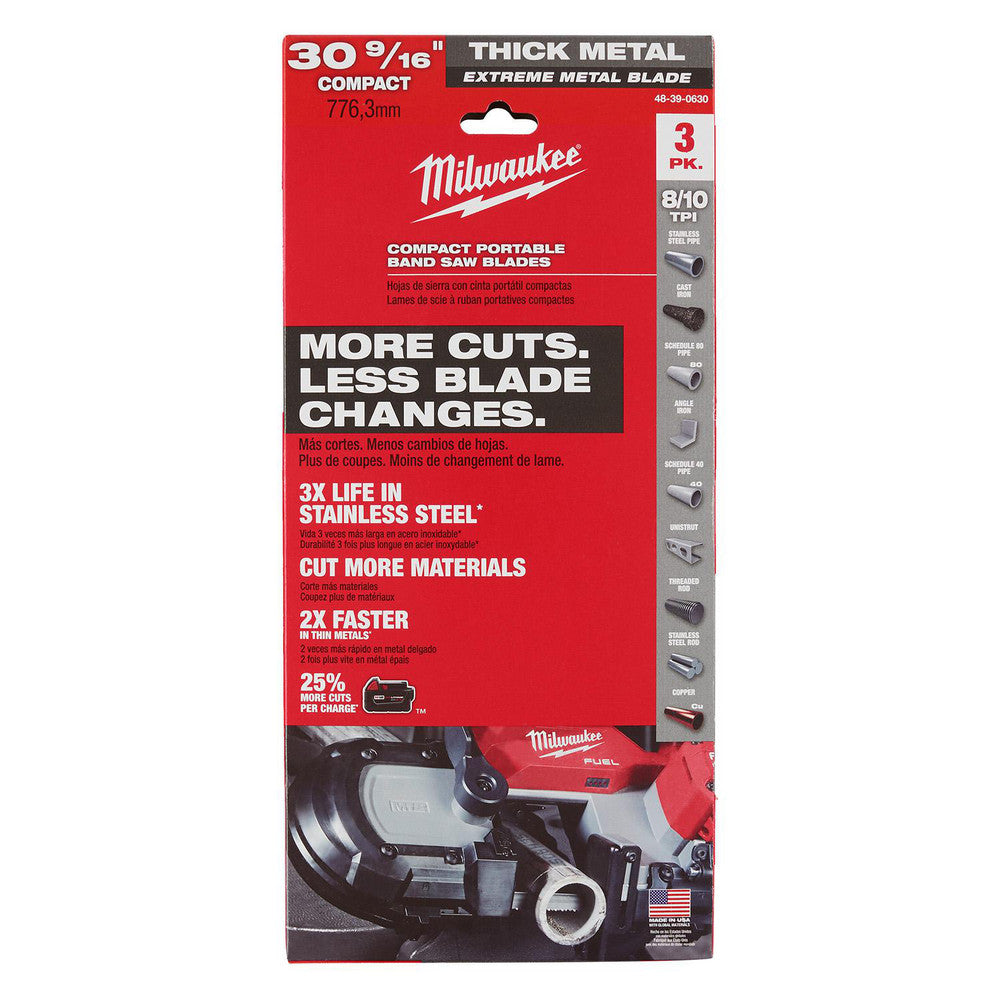 Milwaukee Tool 48-39-0630 Portable Band Saw Blades Blade Length (Feet) 2 ft 6-9/16 in  Teeth Per Inch 8 to 10  Blade Material Bi-Metal  Blade Width (Inch) 1/2  Blade Width (Decimal Inch) 0.5000  Blade Thickness (Decimal Inch) 0.0200